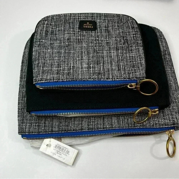 NEW FOSSIL 3 PC IVY TRIPLE BLACK+GRAY CANVAS ZIP‎ CLUTCH,WRISTLET,BAG,PURSE BLUE - Picture 2 of 8